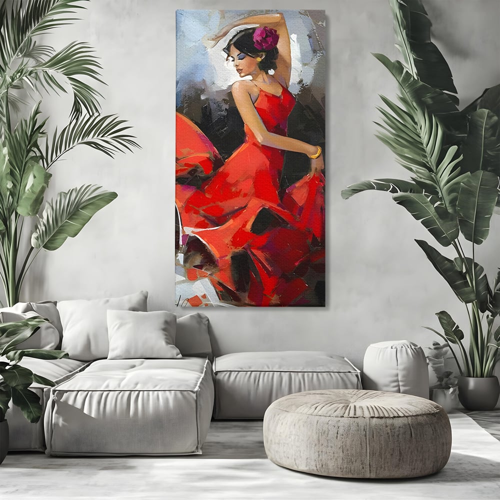 Tablou canvas cu tablou canvas cu dansatoare in rochie rosie, fara rama, pe sasiu de lemn, pe perete intr-un living